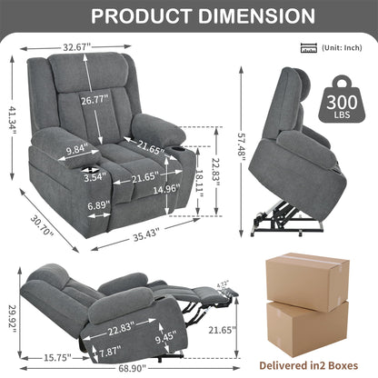 Power Lift Recliner Chair With Extended Footrest, Remote Control, Cup Holders, And Side Pockets