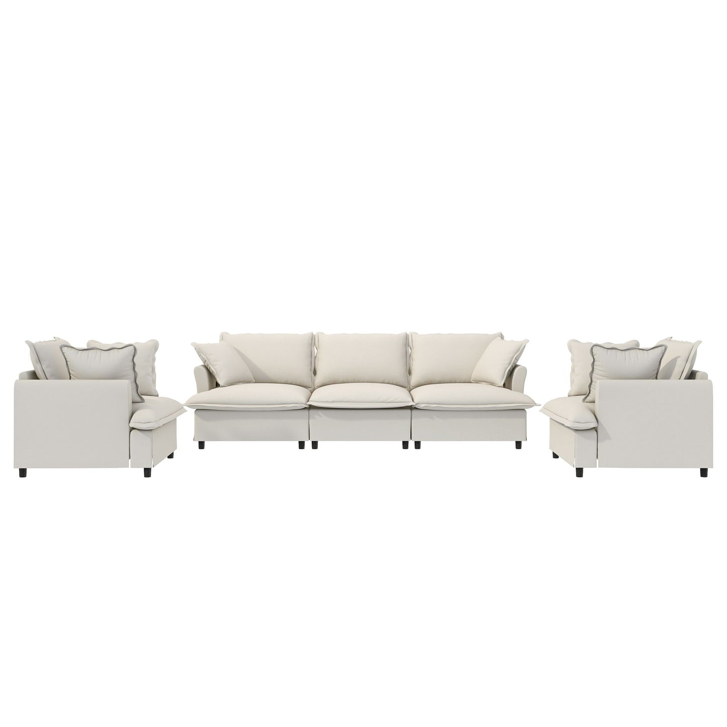 3 Piece Living Room Set Modular Sectional Couch Upholstered 3 Seater Sofa & 2 Armchairs 5 Seat - Beige