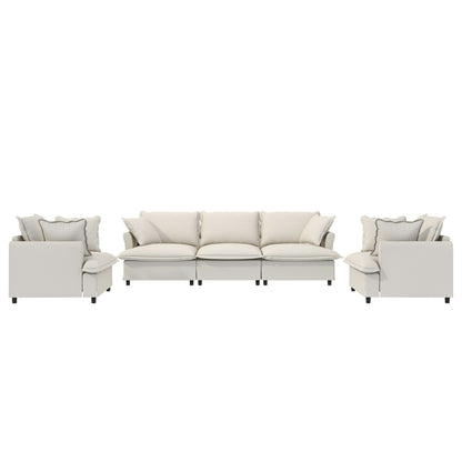 3 Piece Living Room Set Modular Sectional Couch Upholstered 3 Seater Sofa & 2 Armchairs 5 Seat - Beige