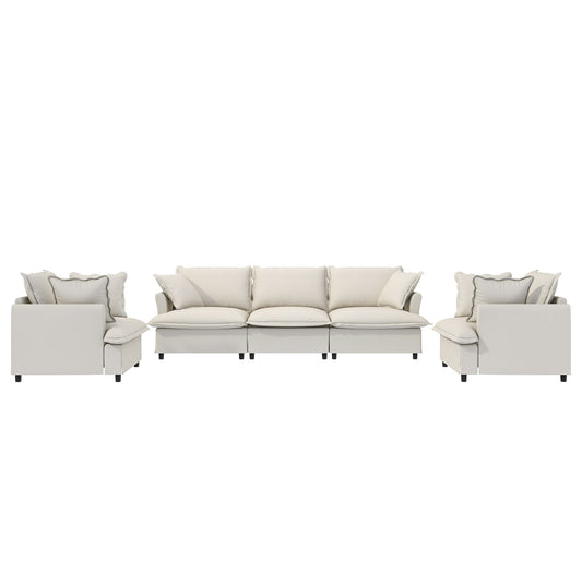 3 Piece Living Room Set Modular Sectional Couch Upholstered 3 Seater Sofa & 2 Armchairs 5 Seat - Beige