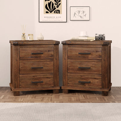 Rustic Farmhouse Nightstand (Set of 2) With 3 Drawers - Natural