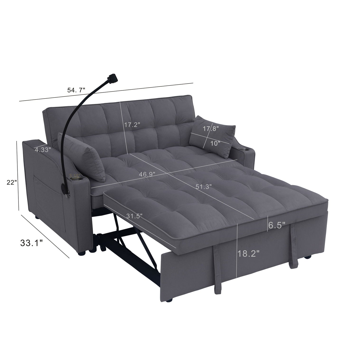 Modern Loveseat With Pullout Bed, Adjustable Reclining Backrest
