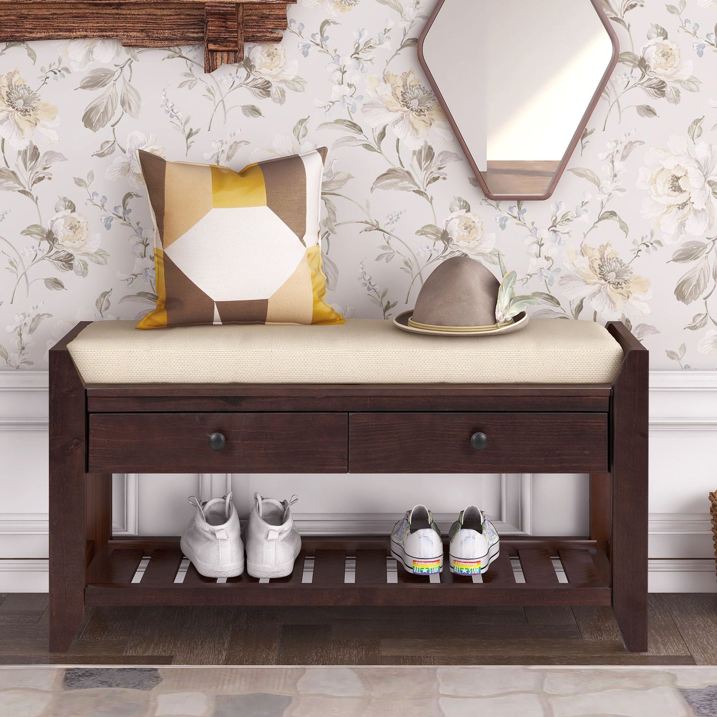 Multipurpose Entryway Shoe Rack With Cushioned Seat And Drawers