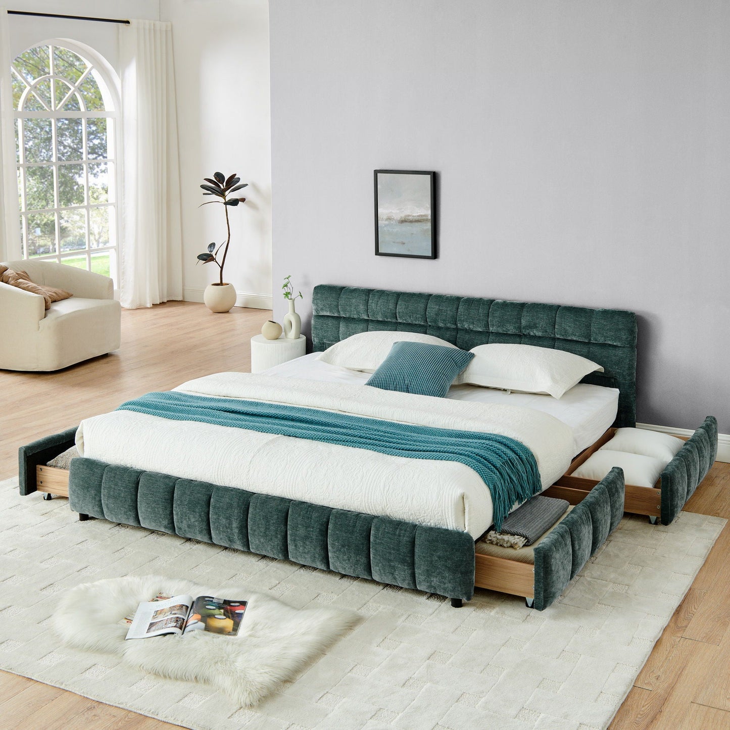 Modern Platform Bed Frame With Thick Chenille Fabric