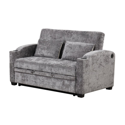 Pull Out Loveseat Sofa With Adjsutable Backrest, 2 Pillows, Cup Holders, USB Ports For Living Room