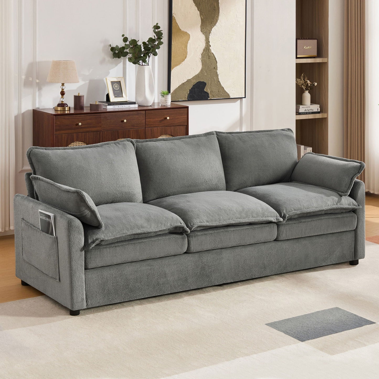 Modern 3 Seater Sofa With Side Storage Pockets For Living Room