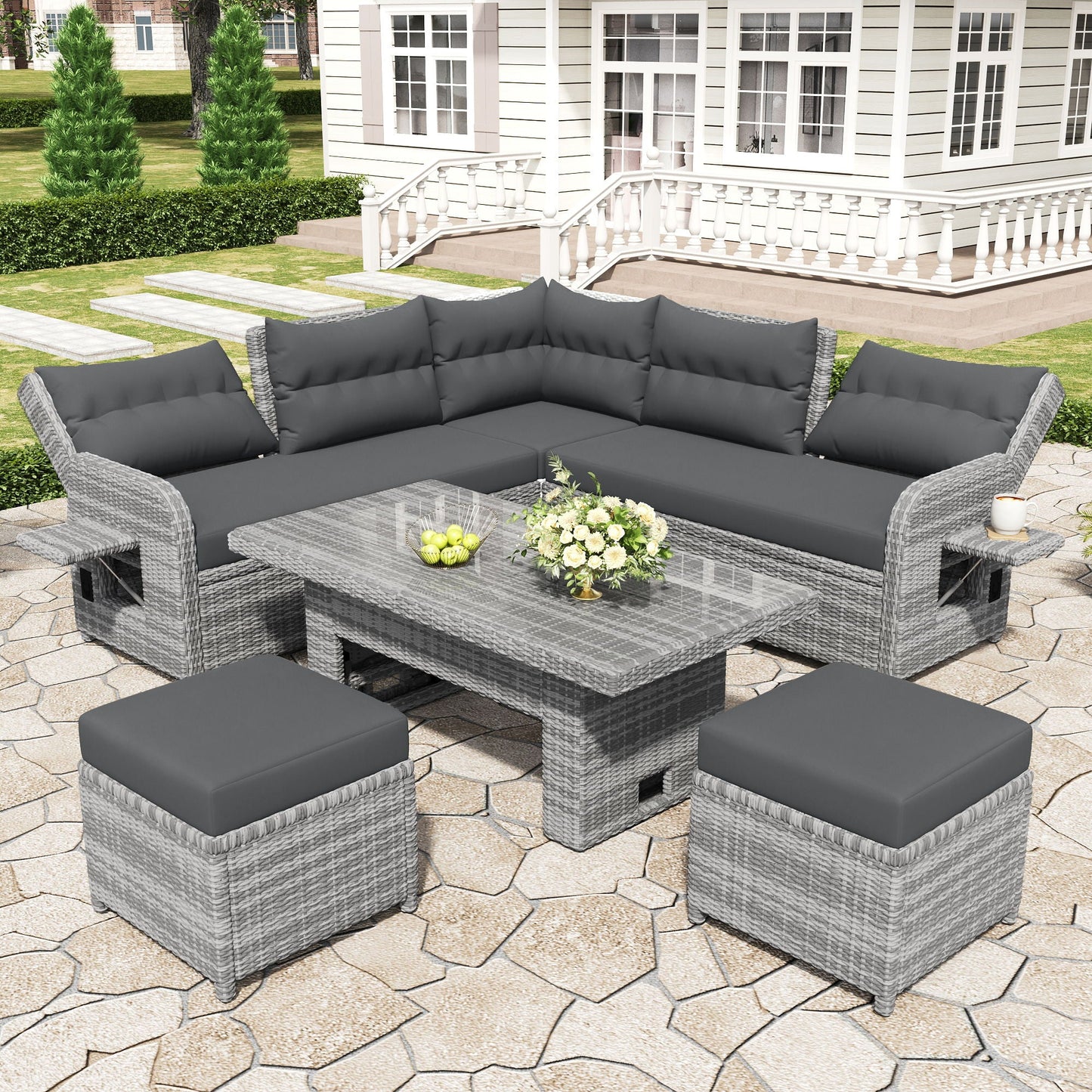 Outdoor Furniture Set Patio Rattan Furniture Set With Adjustable Table, Recliners With Extendable Side Tables And 2 Ottomans