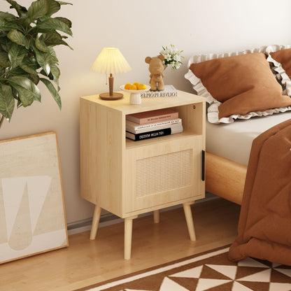 Nightstand, Side Table With Door And Open Shelf For Bedroom - Oak