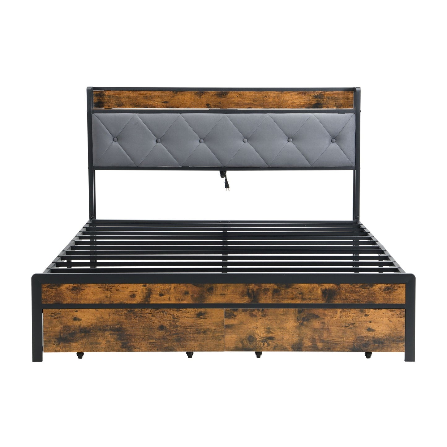 Modern Bed Frame With LED Lights, Upholstered Headboard, USB Charging