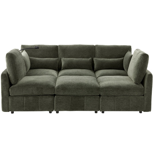 Modern Modular U-Shaped Sofa Bed With Movable Ottoman, USB Ports, Phone Holder