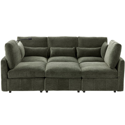 Modern Modular U-Shaped Sofa Bed With Movable Ottoman, USB Ports, Phone Holder