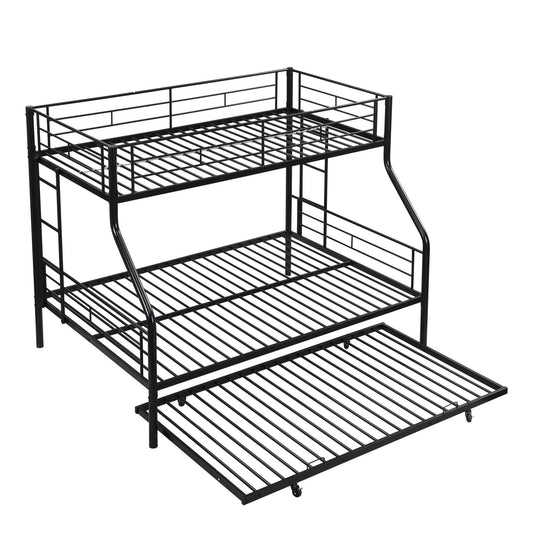Twin Over Full Modern Metal Bunk Bed With Trundle - Black