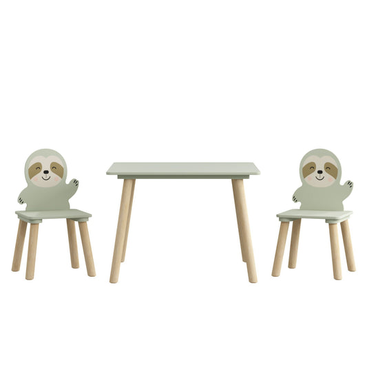 Sloth Themed Table And Chair Set With 2 Cute Animal Chairs - Natural Wood / Sage Green