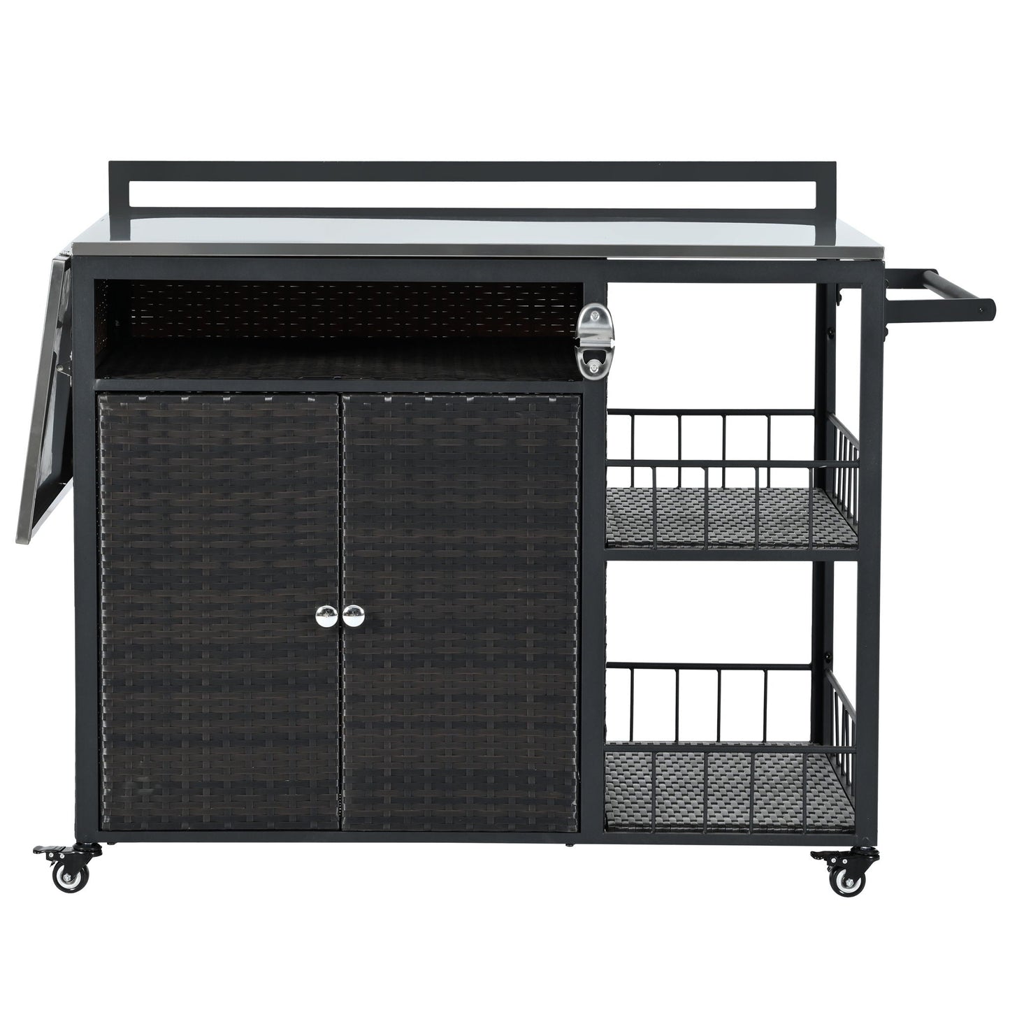 Outdoor Kitchen Island With Storage, Cooking Station, Grill Cart, Foldable Tabletop, And Bottle Opener - Dark Brown