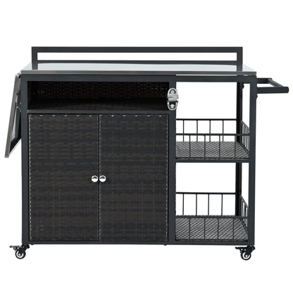 Outdoor Kitchen Island With Storage, Cooking Station, Grill Cart, Foldable Tabletop, And Bottle Opener - Dark Brown