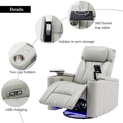 270° Power Swivel Recliner Home Theater Chair With Hidden Arm Storage, LED Light, Cup Holder, And Tray Table
