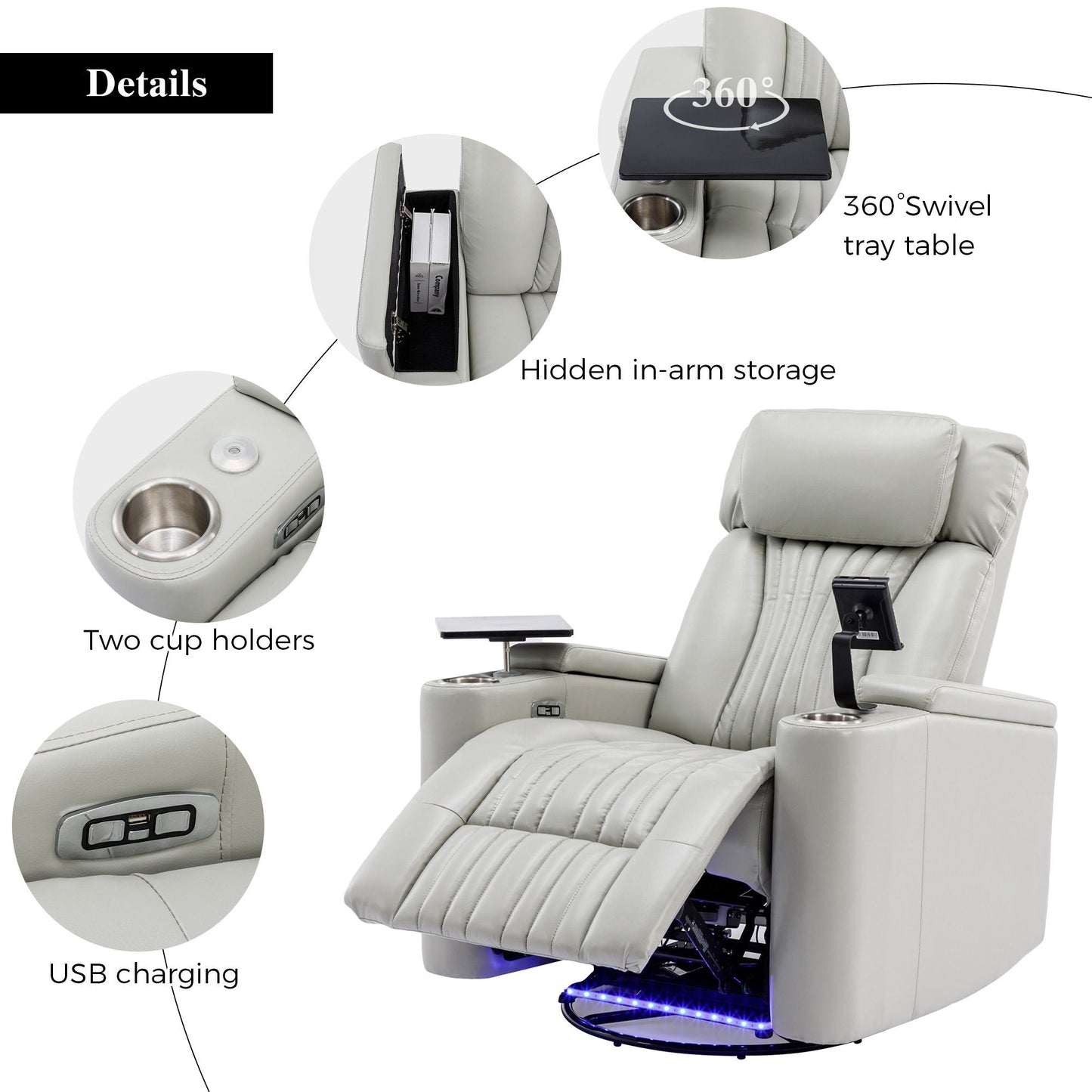 270° Power Swivel Recliner Home Theater Chair With Hidden Arm Storage, LED Light, Cup Holder, And Tray Table