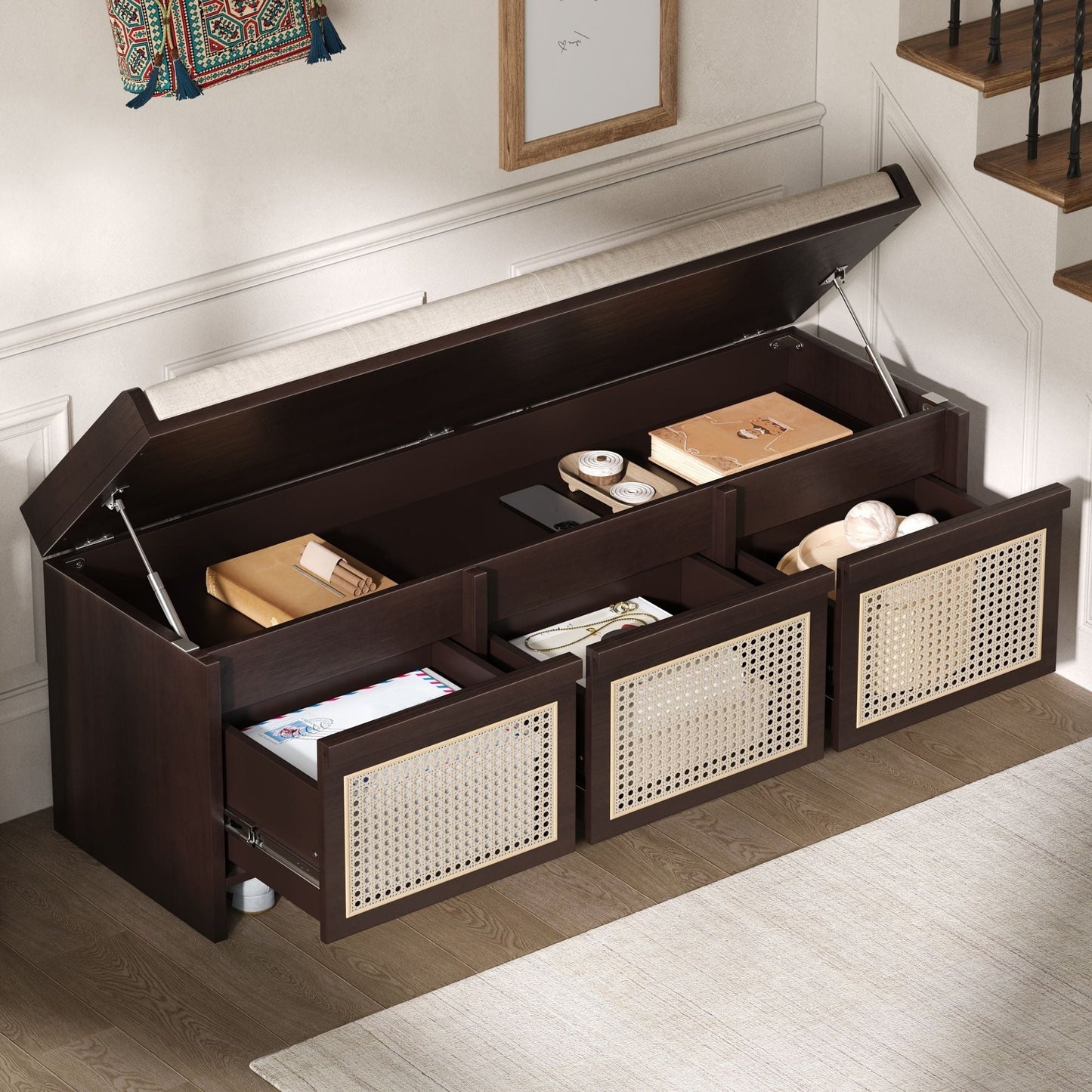 Entryway Shoe Bench With Drawers & Button Tufted Cushion