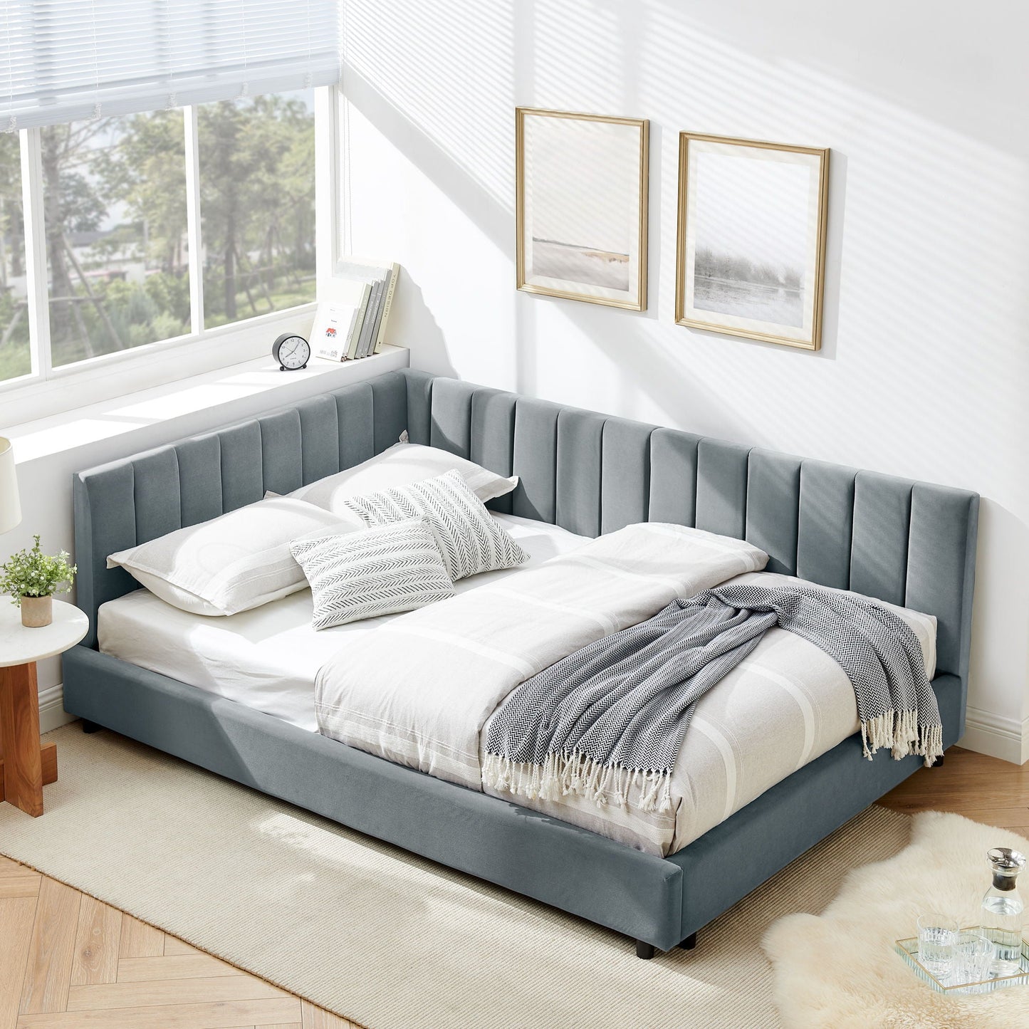 Mid-Century Upholstered Tufted Bed Frame With Backrest And Armrests