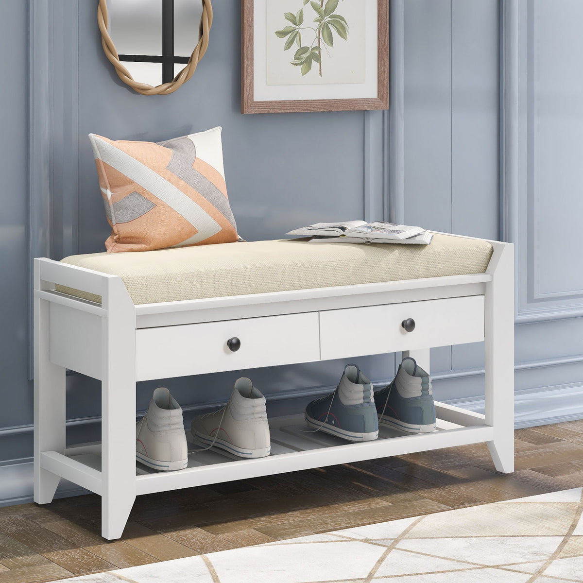 Multipurpose Entryway Shoe Rack With Cushioned Seat And Drawers