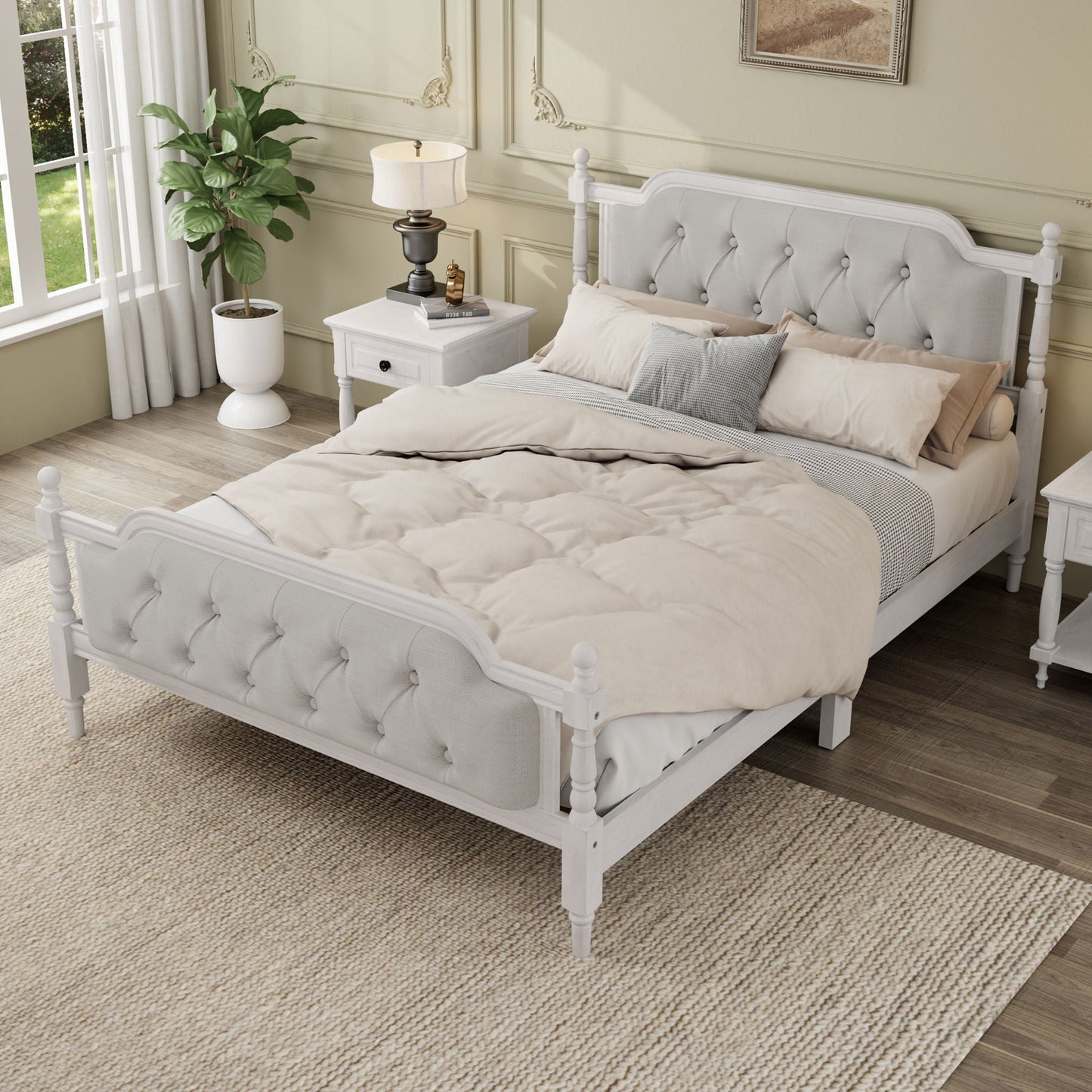 Traditional Style Solid Bed Frame With Upholstered Tufted Headboard, No Box Spring Needed