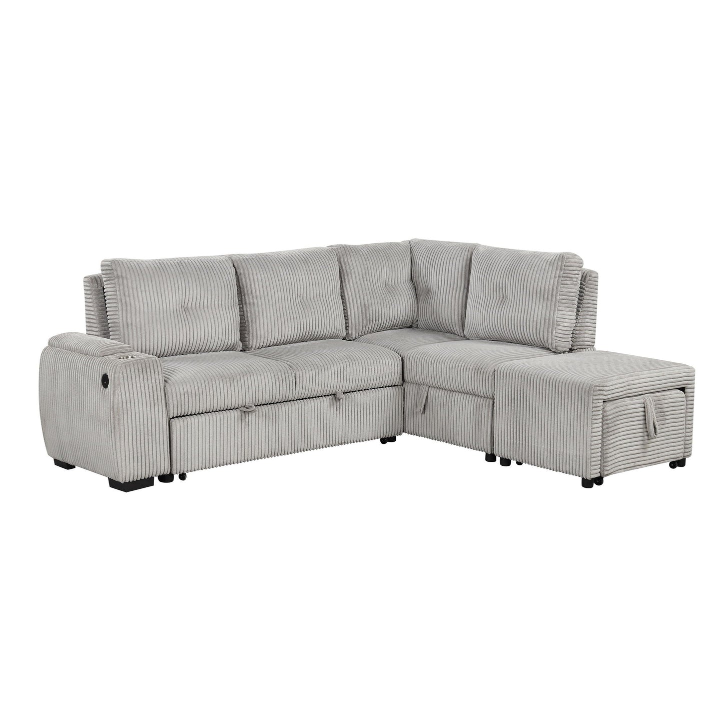 Pull-Out L-Shaped Sectional Sofa With Movable Ottoman And Stool, Large Storage Space, A Cup Holder, And 2 USB Ports For Living Room