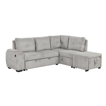 Pull-Out L-Shaped Sectional Sofa With Movable Ottoman And Stool, Large Storage Space, A Cup Holder, And 2 USB Ports For Living Room