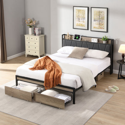 Modern Bed Frame With LED Lights, Upholstered Headboard, USB Charging