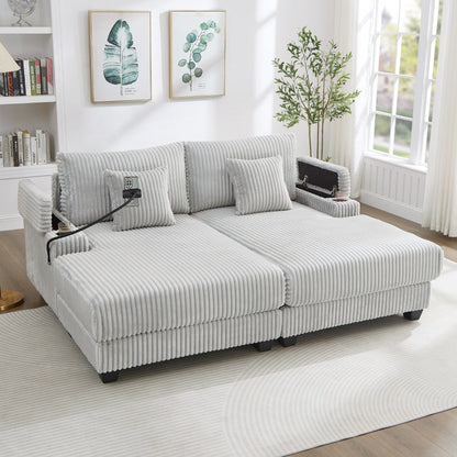Modern Chaise Sofa With Adjustable Backrest, Cup Holders, Phone Holder & Storage Compartments For Living Room