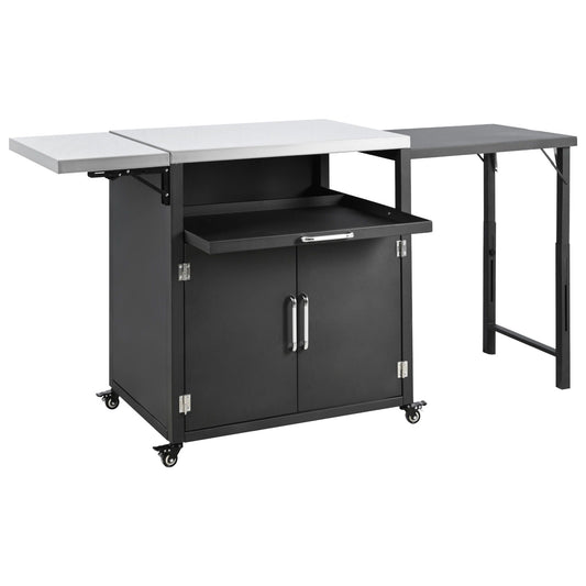 Versatile Outdoor Cabinet With Folding & Expandable Work Surfaces, Ample Storage Space, And Lockable Wheels - Matte Black