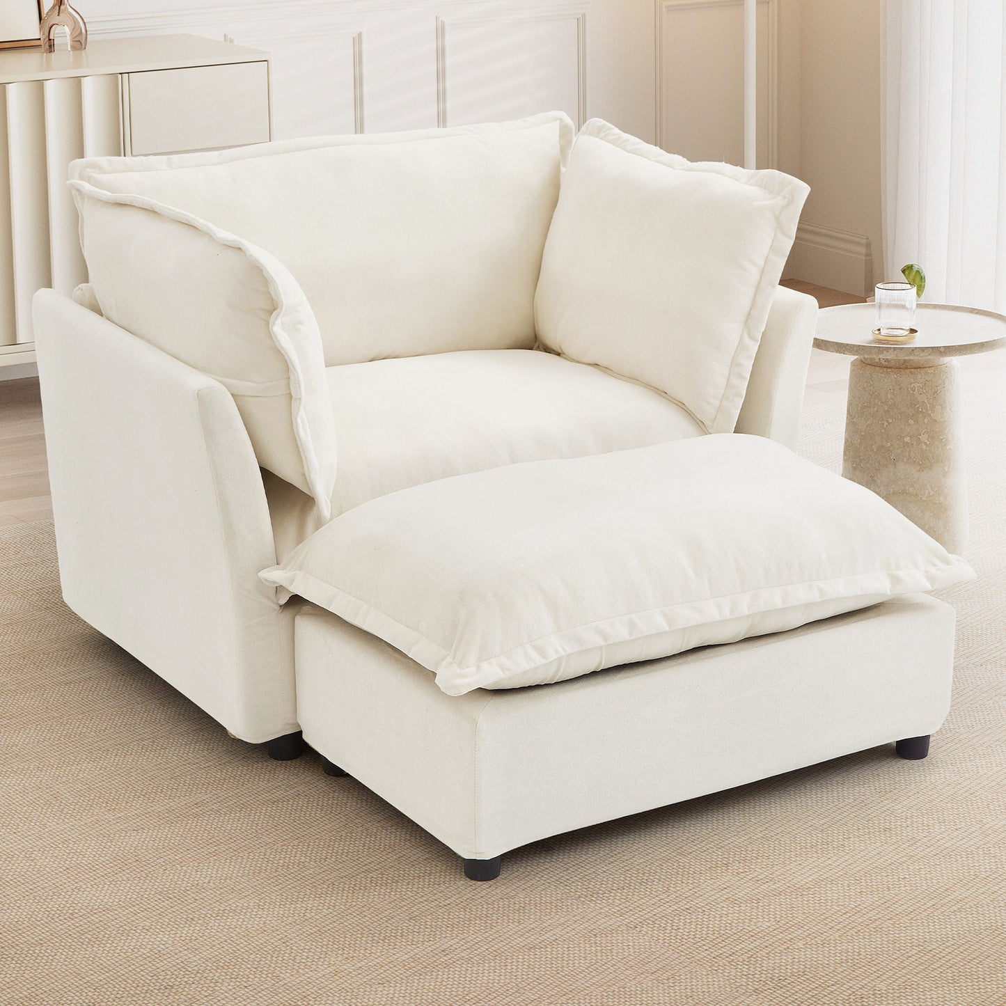 Modern Cozy Upholstered Armchair Sofa With Movable Ottoman