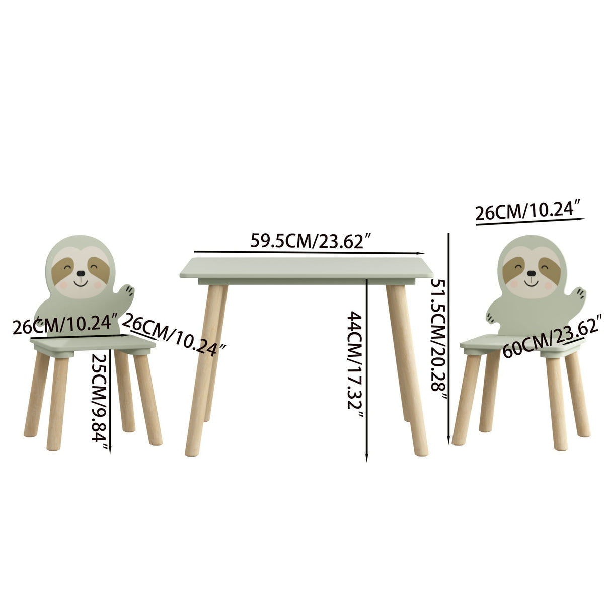 Sloth Themed Table And Chair Set With 2 Cute Animal Chairs - Natural Wood / Sage Green