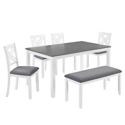 6 Piece Kitchen Dining Set, Rectangular Dining Table With 4 Upholstered Chairs And Bench - Gray / White
