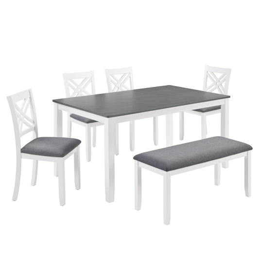 6 Piece Kitchen Dining Set, Rectangular Dining Table With 4 Upholstered Chairs And Bench - Gray / White