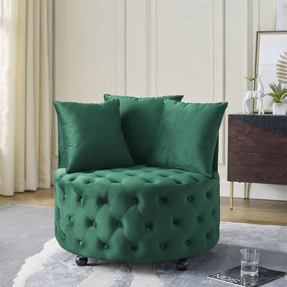 Modern Upholstered Swivel Chair With Button Tufted Design And Movable Wheels
