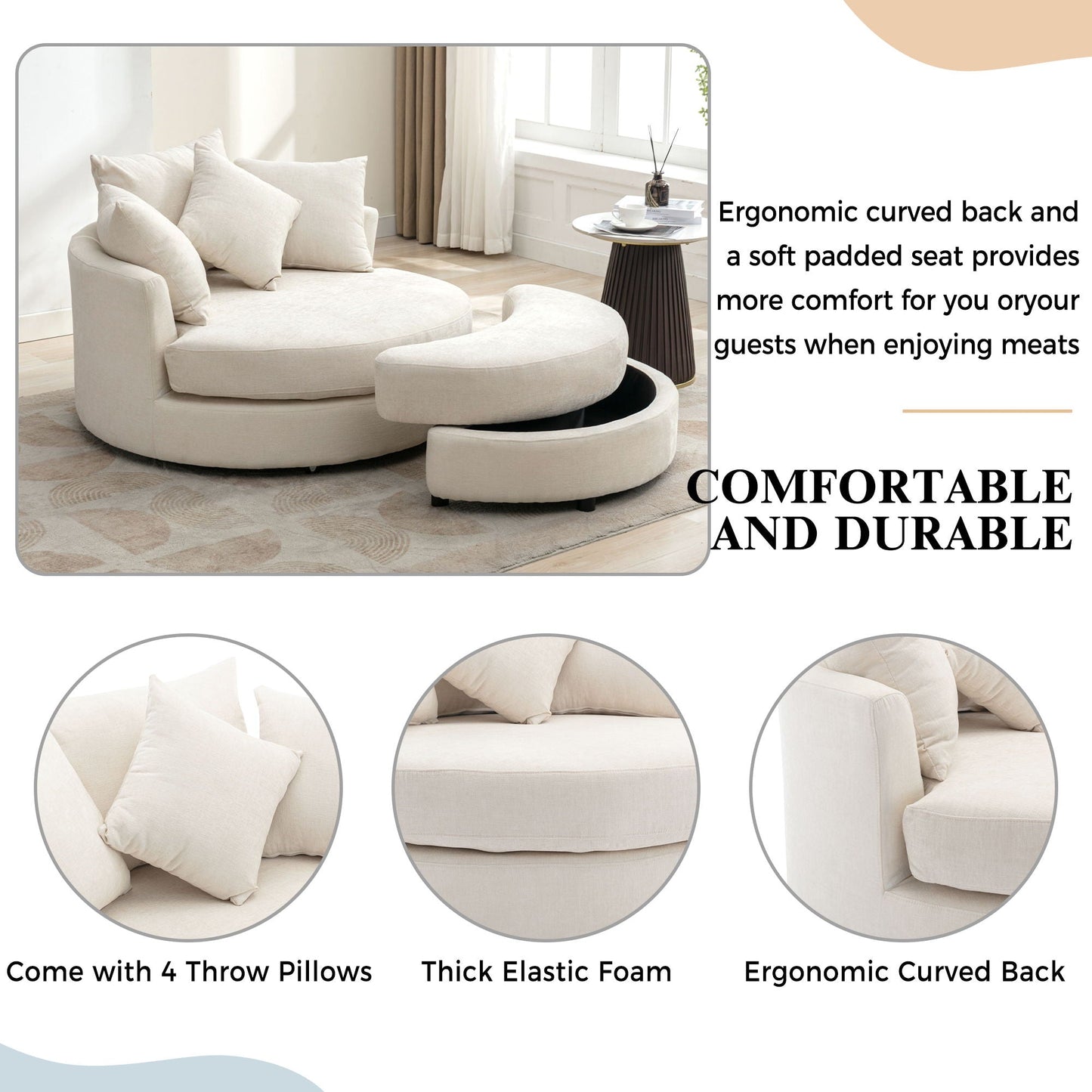 360° Swivel Accent Barrel Chair With Storage Ottoman & 4 Pillows, Modern Leisure Chair Round Accent For Living Room