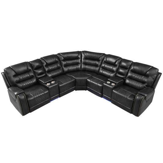 Manual Reclining Sectional Sofa Set, L Shaped Symmetrical Motion Sofa Corner Couch Sets With Storage Boxes, 4 Cup Holders And LED Light Strip For Living Room