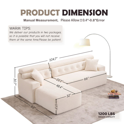 Ly 029B Convertible Chaise Sectional Sofa Full Compression Sponge Modular Couch Cloud 3 Seater Wood Grain Chenille 2 Pillows - Antique White