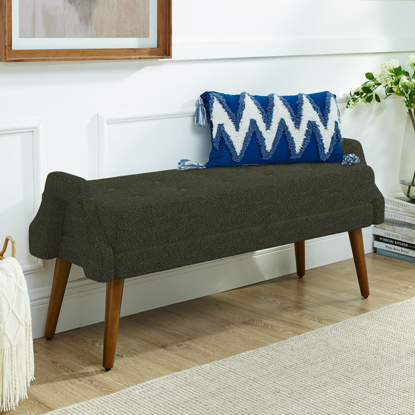 Modern Living Room Bench With Looped Yarn Fabric And Rubber Wooden Legs