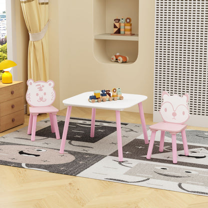 Table And Chair Set, 3 Piece Wooden Toddler Desk With Animal Backrest - Pink / White