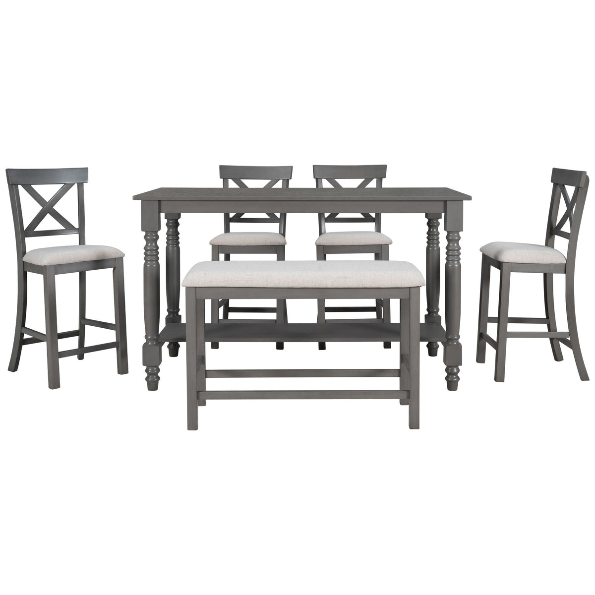 Counter Height Dining Set With Shelf, 4 Chairs And Bench