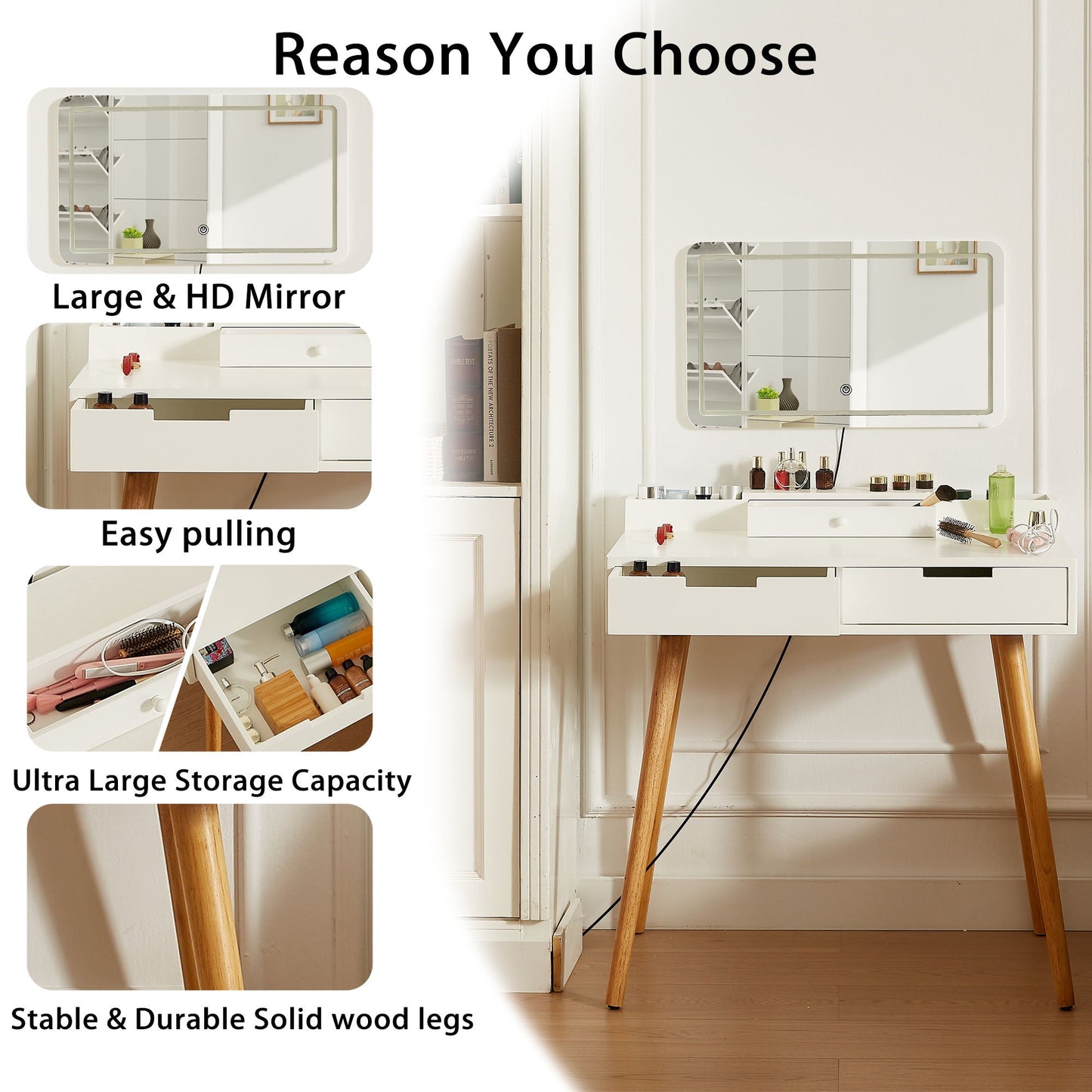 Makeup Vanity Desk With Removable Mirror And Lights, 3 Color Modes & Adjustable Brightness Dressing Table, Small Vanity Table Set With 2 Drawers For Bedroom - White