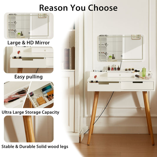 Makeup Vanity Desk With Removable Mirror And Lights, 3 Color Modes & Adjustable Brightness Dressing Table, Small Vanity Table Set With 2 Drawers For Bedroom - White