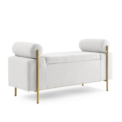 Elegant Upholstered Linen Storage Bench With Cylindrical Arms And Iron Legs, White