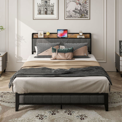 Bed With Charging Station, American Design Upholstered Headboard, Metal Platform