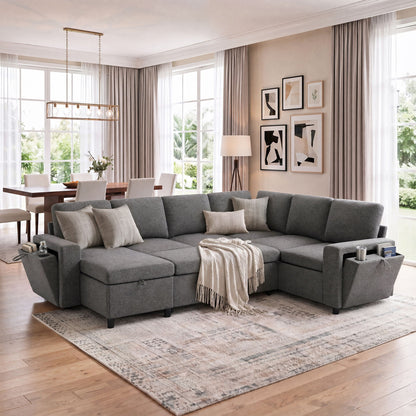 U - Shaped Convertible Sectional Sofa Bed With Storage, USB Charger & Cup Holders