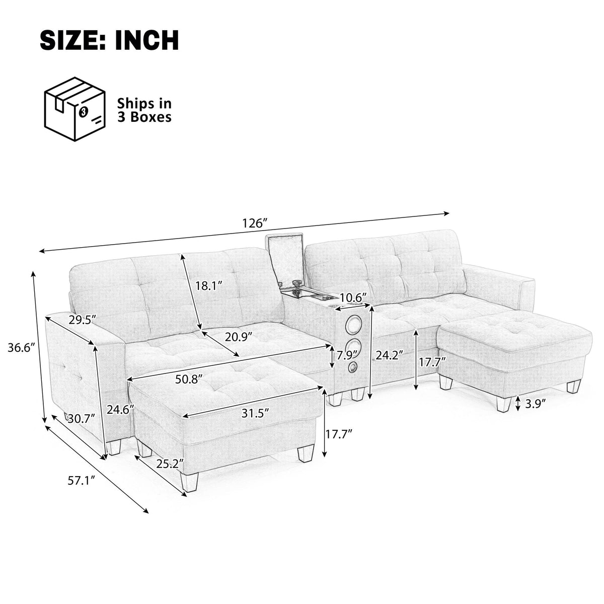 Modern Sectional Sofa U-Shaped With Movable Ottomans, tooth Speakers, LED Lights And Modular Storage
