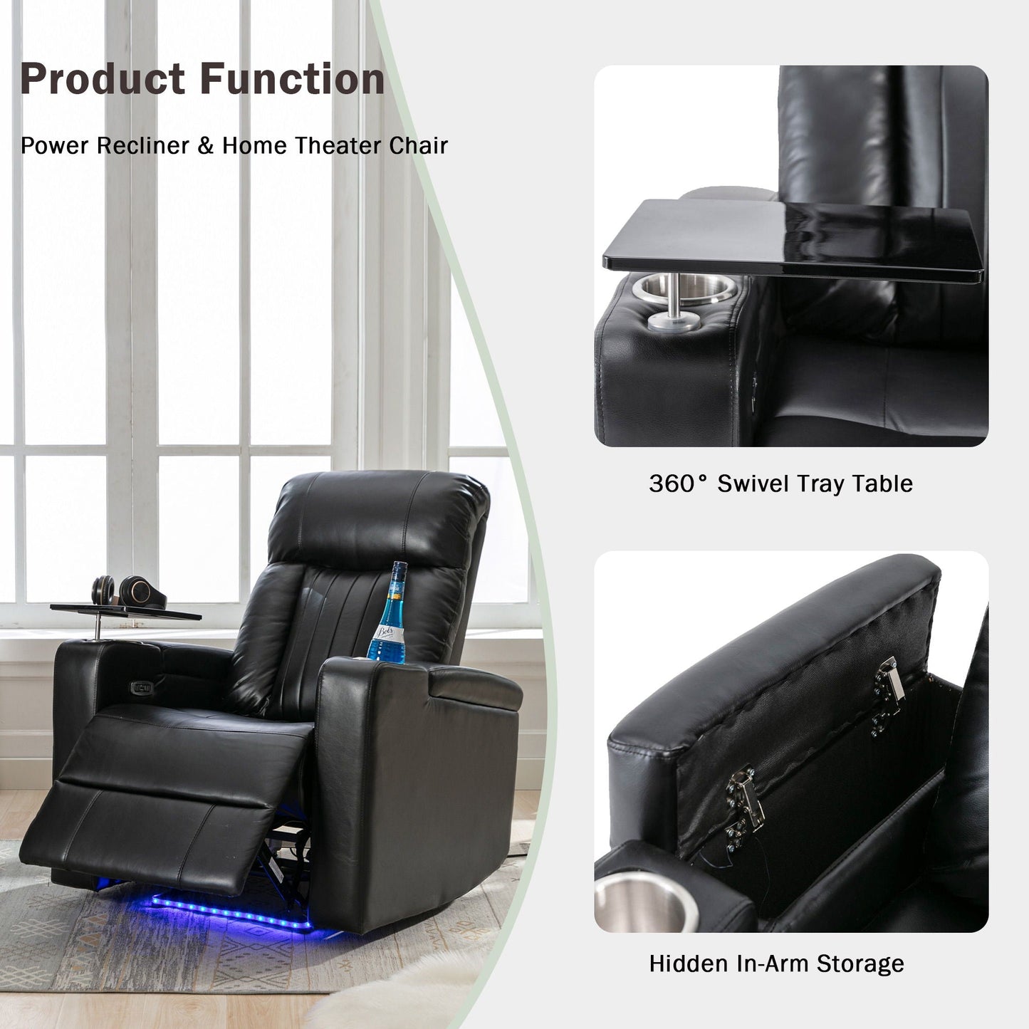 Premium Power Recliner & Storage Arms, Cupholders, Swivel Tray Table And Cell Phone Stand - Black