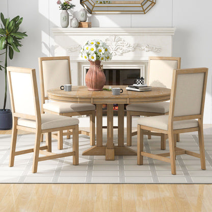 Dining Set & Extendable Round Table And 4 Upholstered Chairs