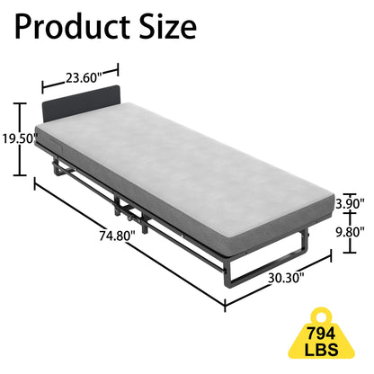 Modern Metal Folding Bed Frame With Foam Mattress, Easy Storage & Mobility - Black